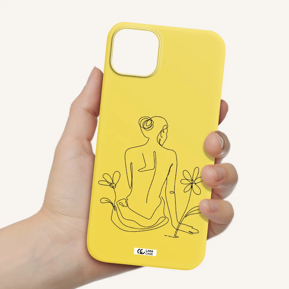 a woman sitting on a flower Apple iPhone 14 plus Silicone canary yellow Case