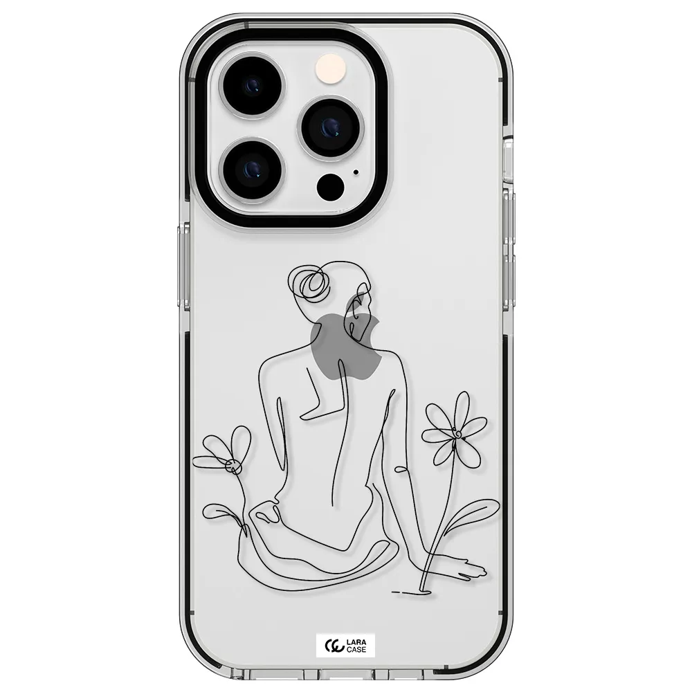 a woman sitting on a flower Apple iPhone 14 pro impact black border Case