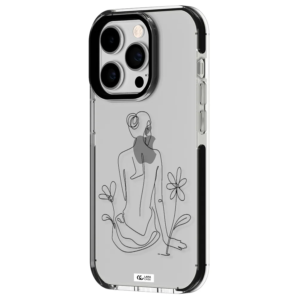 a woman sitting on a flower Apple iPhone 14 pro impact black border Case