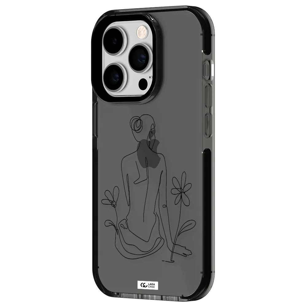 a woman sitting on a flower Apple iPhone 14 pro impact Smoke Black Case