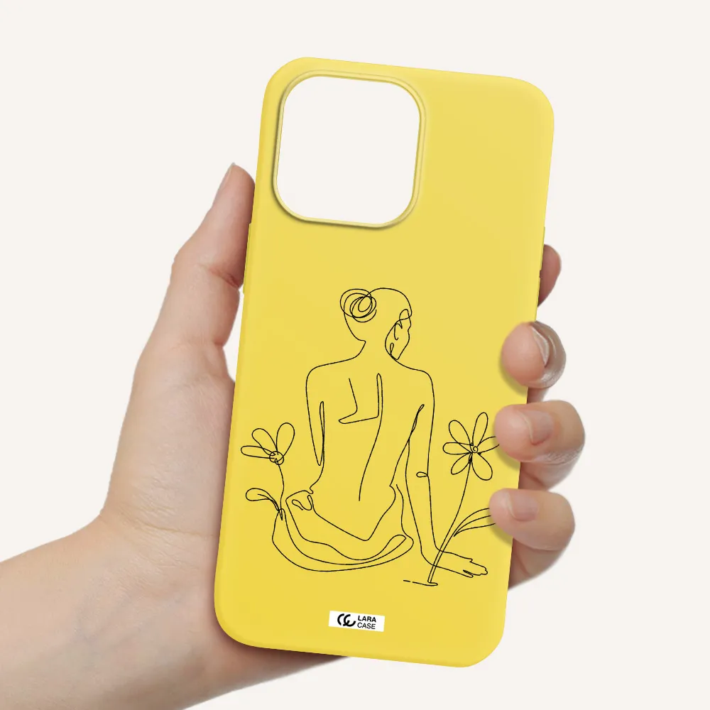 a woman sitting on a flower Apple iPhone 14 pro max Silicone canary yellow Case