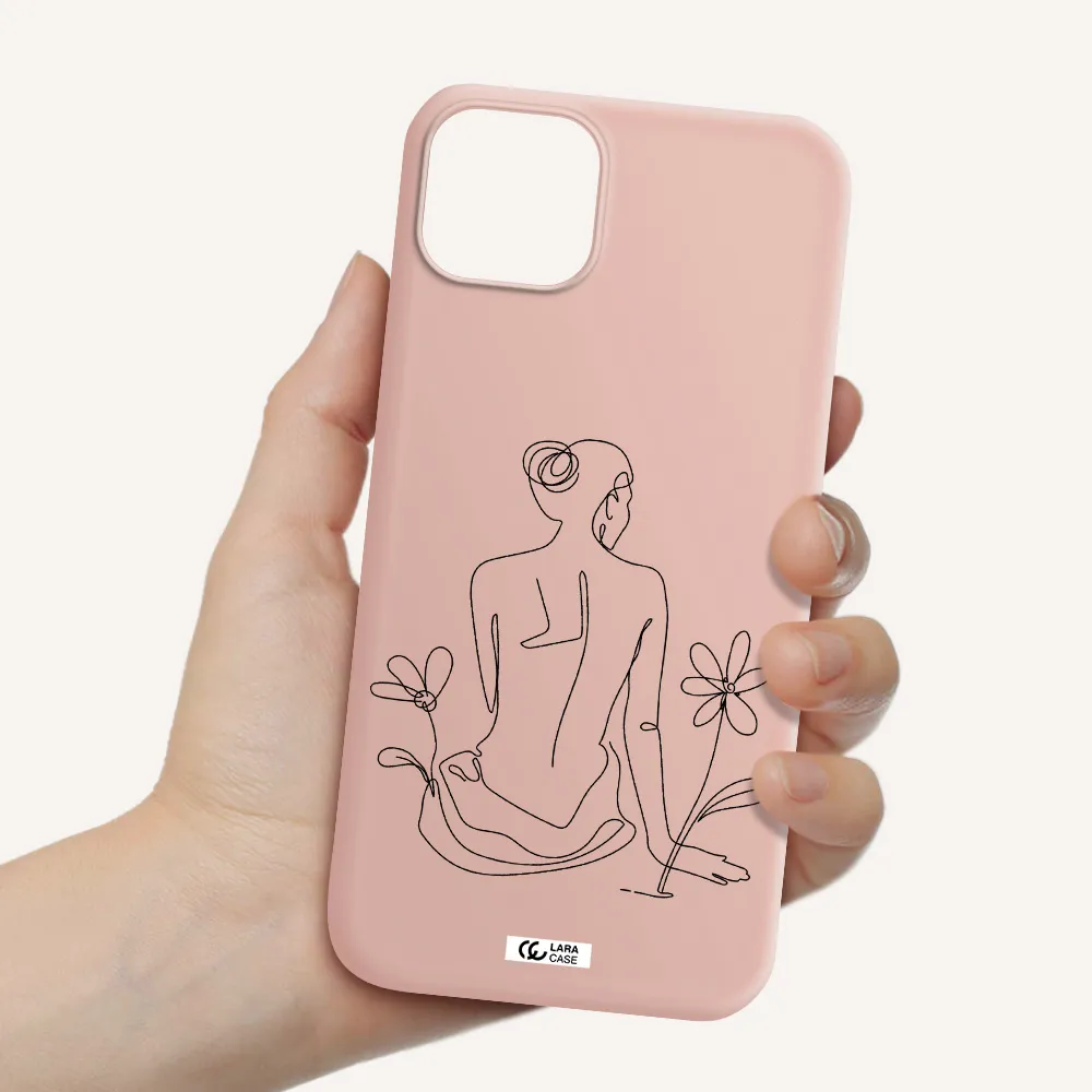 a woman sitting on a flower Apple iPhone 14 Silicone pastel pink Case