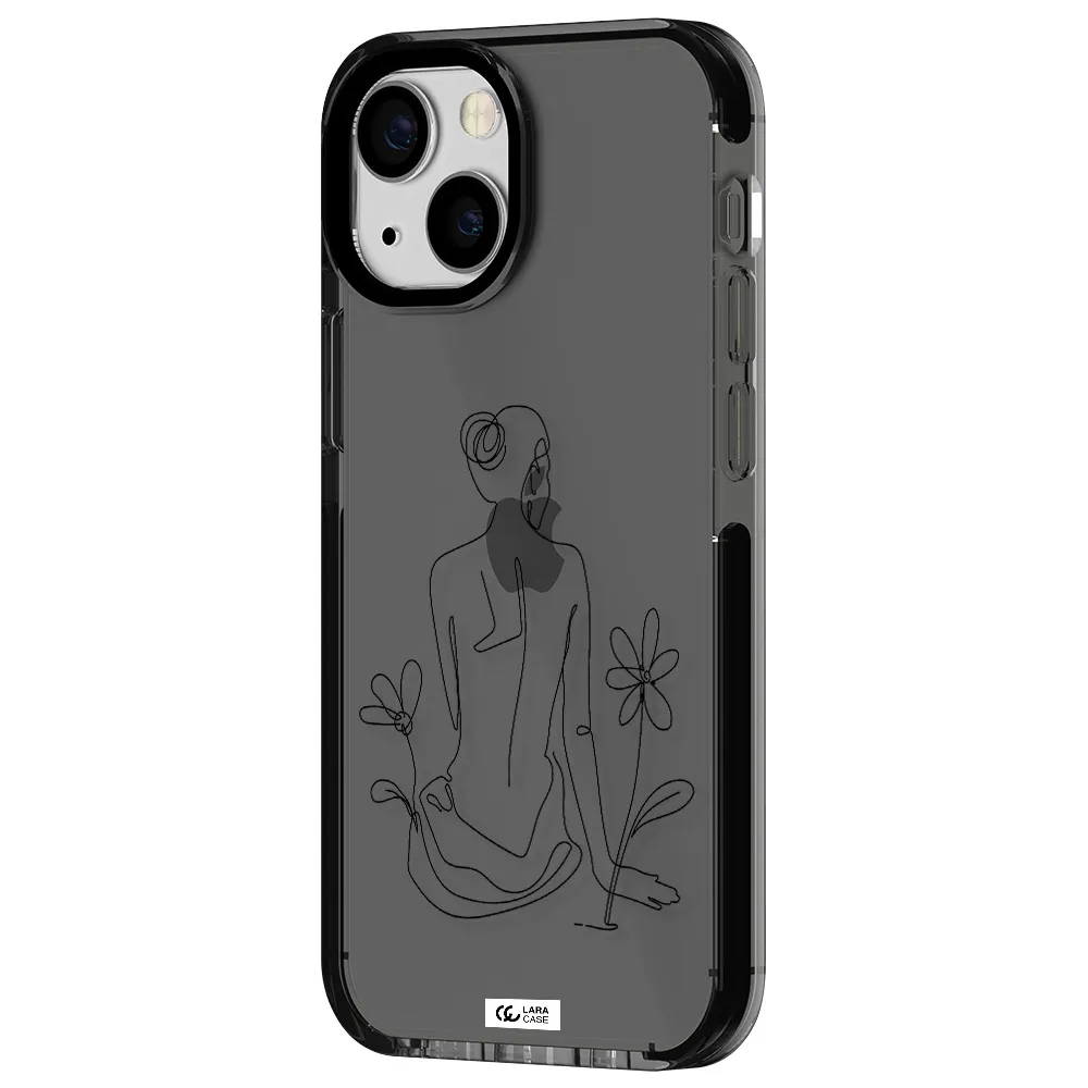 a woman sitting on a flower Apple iPhone 15 impact Smoke Black Case