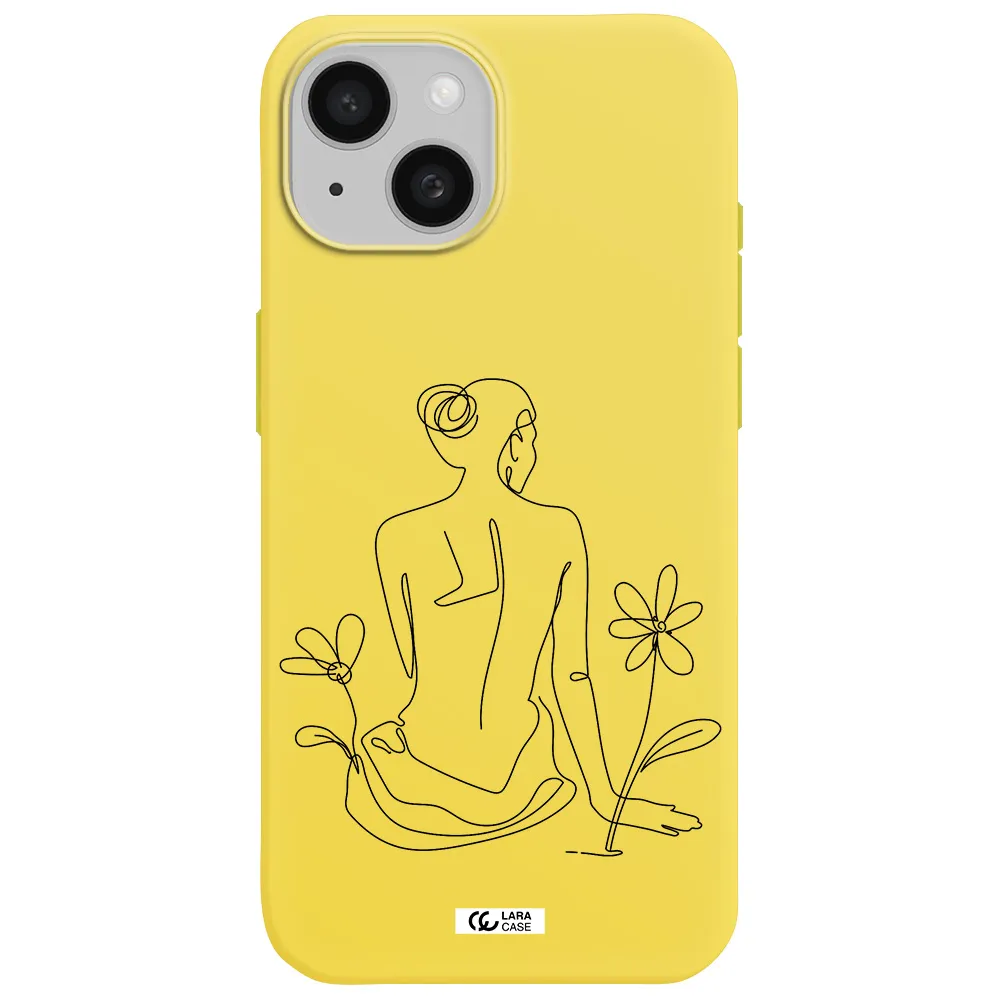 a woman sitting on a flower Apple iPhone 15 Silicone canary yellow Case