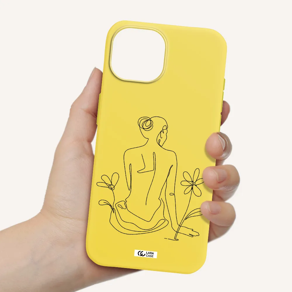 a woman sitting on a flower Apple iPhone 15 Silicone canary yellow Case
