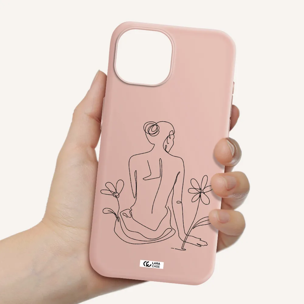 A Woman Sitting On A Flower Apple Iphone 15 Silicone Pastel Pink Case