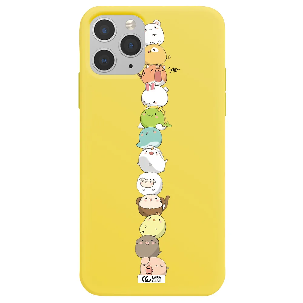 a stack of cartoon animals Apple iPhone 11 pro max Silicone canary yellow Case