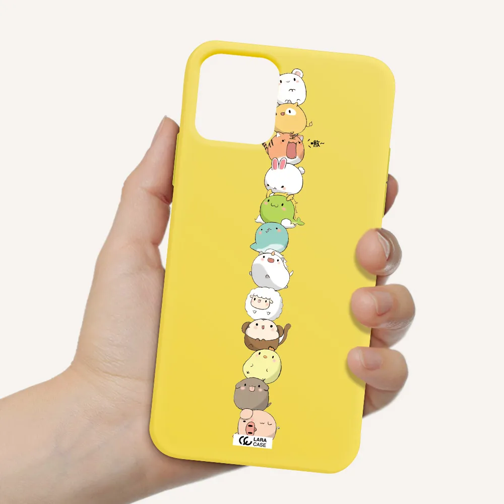 a stack of cartoon animals Apple iPhone 11 pro max Silicone canary yellow Case