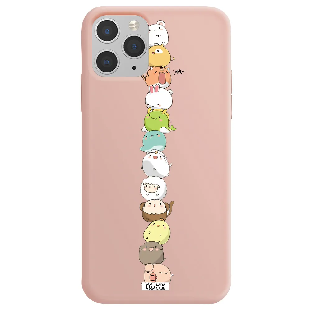 a stack of cartoon animals Apple iPhone 11 pro max Silicone pastel pink Case
