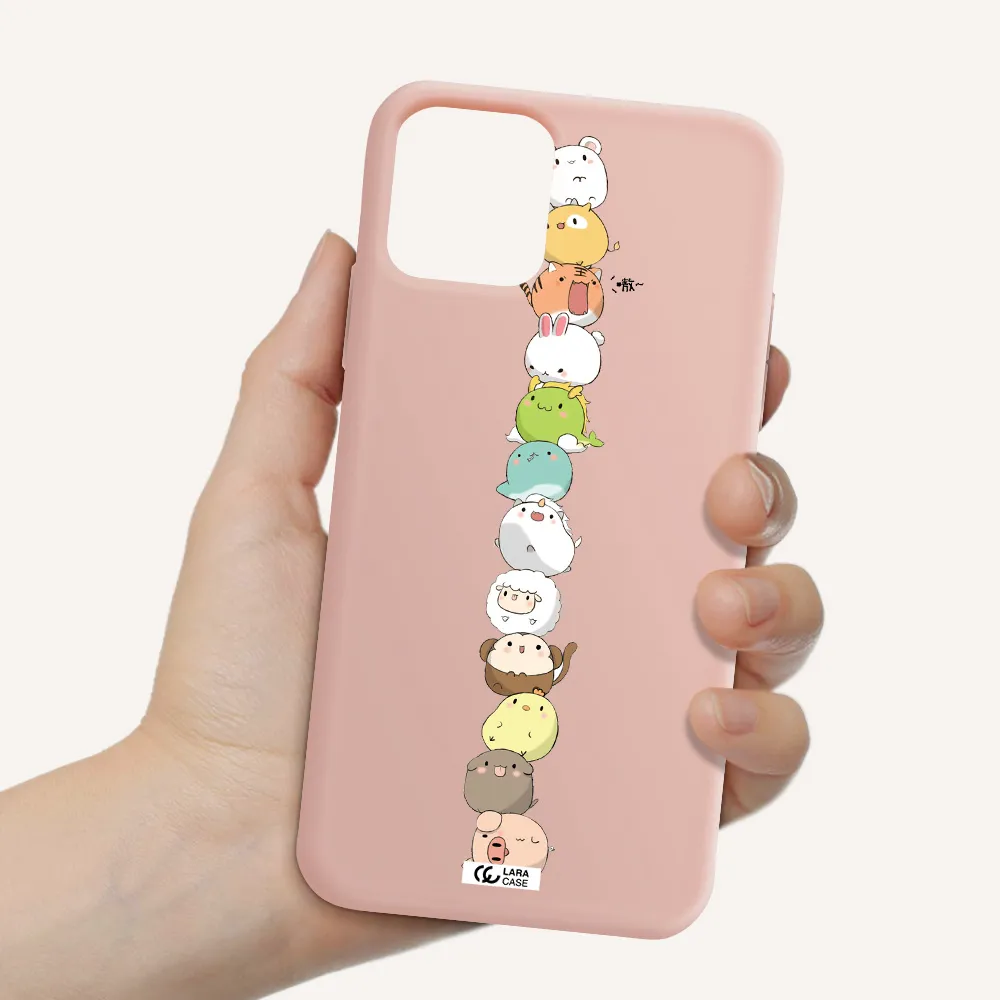 a stack of cartoon animals Apple iPhone 11 pro max Silicone pastel pink Case