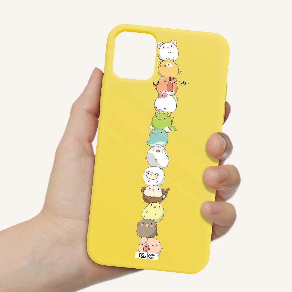 a stack of cartoon animals Apple iPhone 11 Silicone canary yellow Case