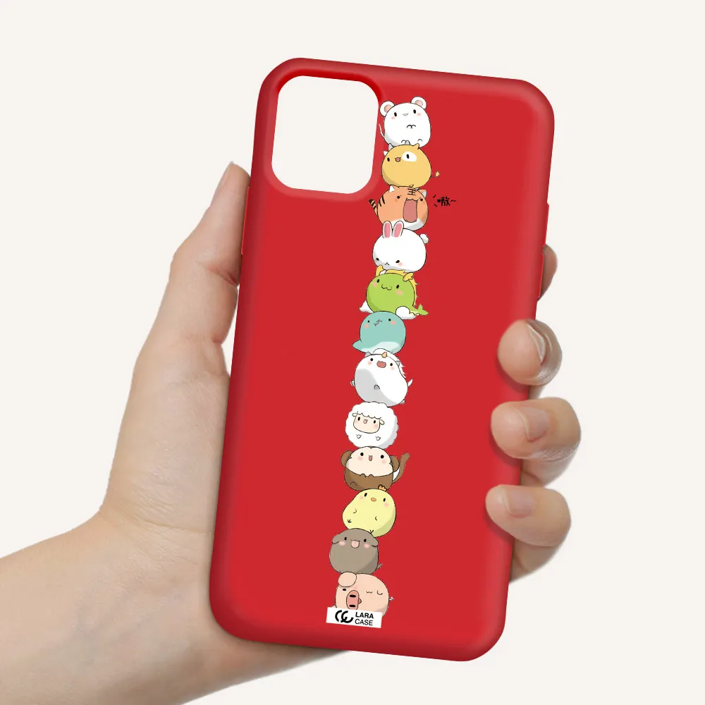 a stack of cartoon animals Apple iPhone 11 Silicone Imperial Red Case