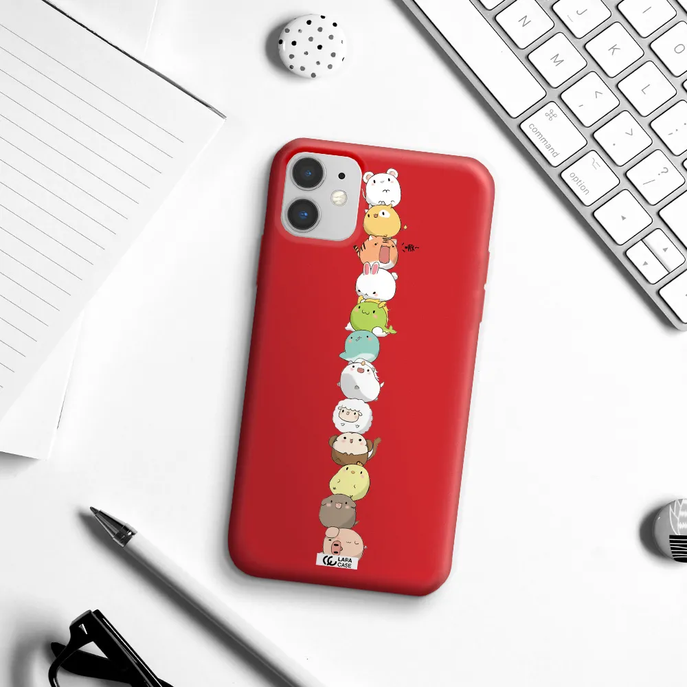 a stack of cartoon animals Apple iPhone 11 Silicone Imperial Red Case