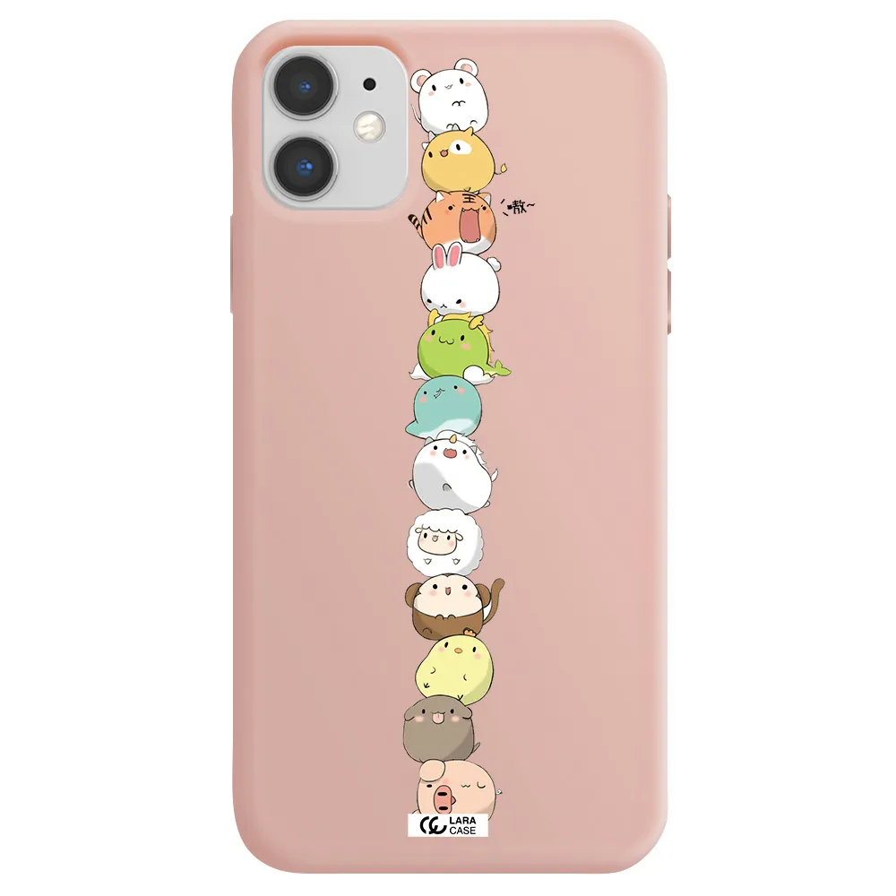 a stack of cartoon animals Apple iPhone 11 Silicone pastel pink Case