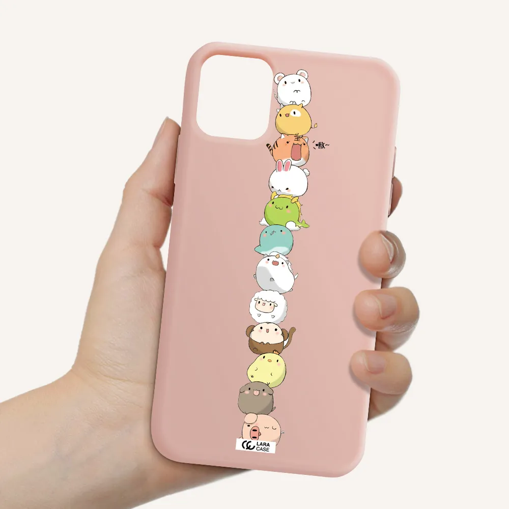 a stack of cartoon animals Apple iPhone 11 Silicone pastel pink Case
