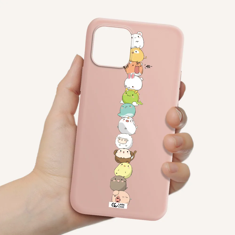 a stack of cartoon animals Apple iPhone 12 mini Silicone pastel pink Case