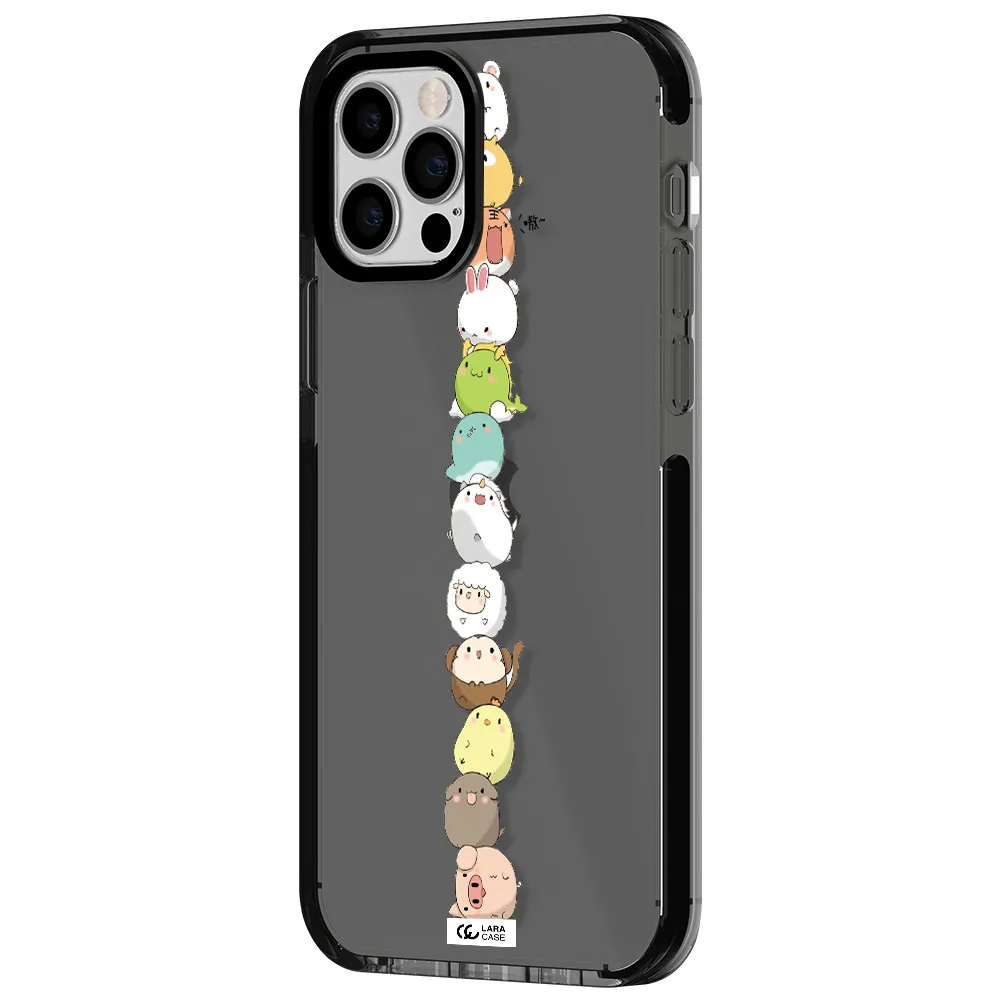 a stack of cartoon animals Apple iPhone 12 pro impact Smoke Black Case