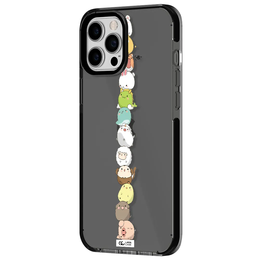 a stack of cartoon animals Apple iPhone 12 pro max impact Smoke Black Case