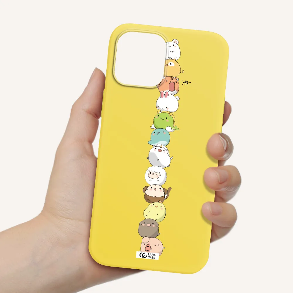 a stack of cartoon animals Apple iPhone 12 pro max Silicone canary yellow Case