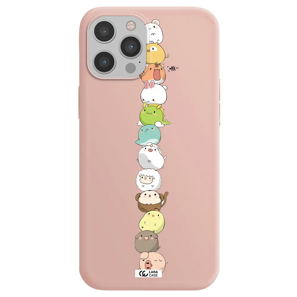 a stack of cartoon animals Apple iPhone 12 pro max Silicone pastel pink Case