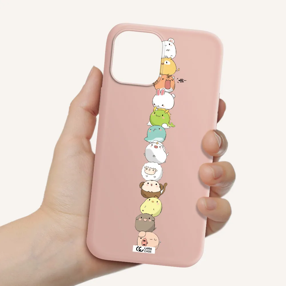 a stack of cartoon animals Apple iPhone 12 pro max Silicone pastel pink Case