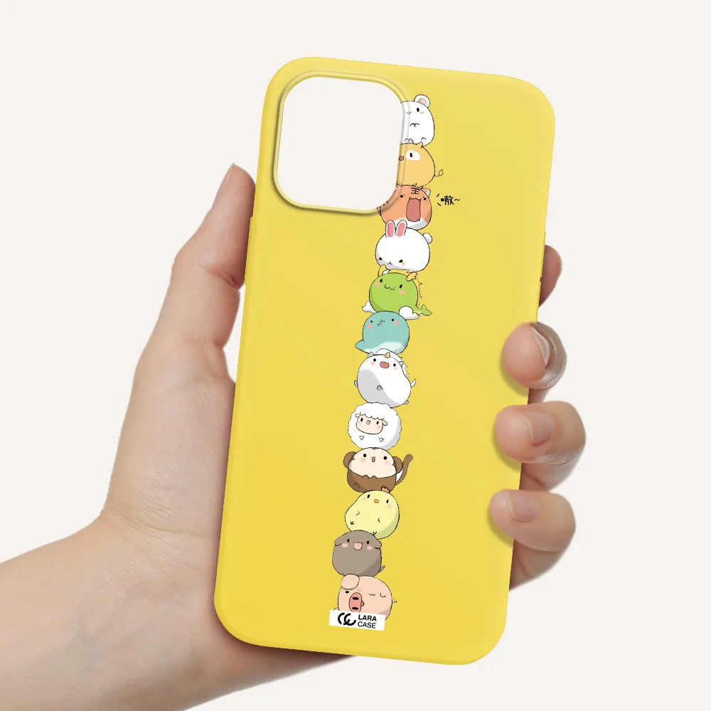a stack of cartoon animals Apple iPhone 12 pro Silicone canary yellow Case