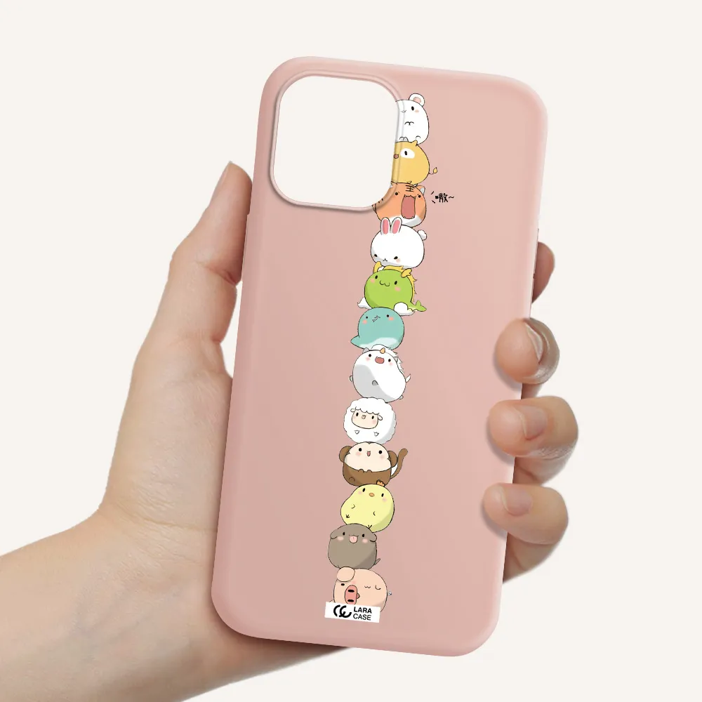 a stack of cartoon animals Apple iPhone 12 pro Silicone pastel pink Case