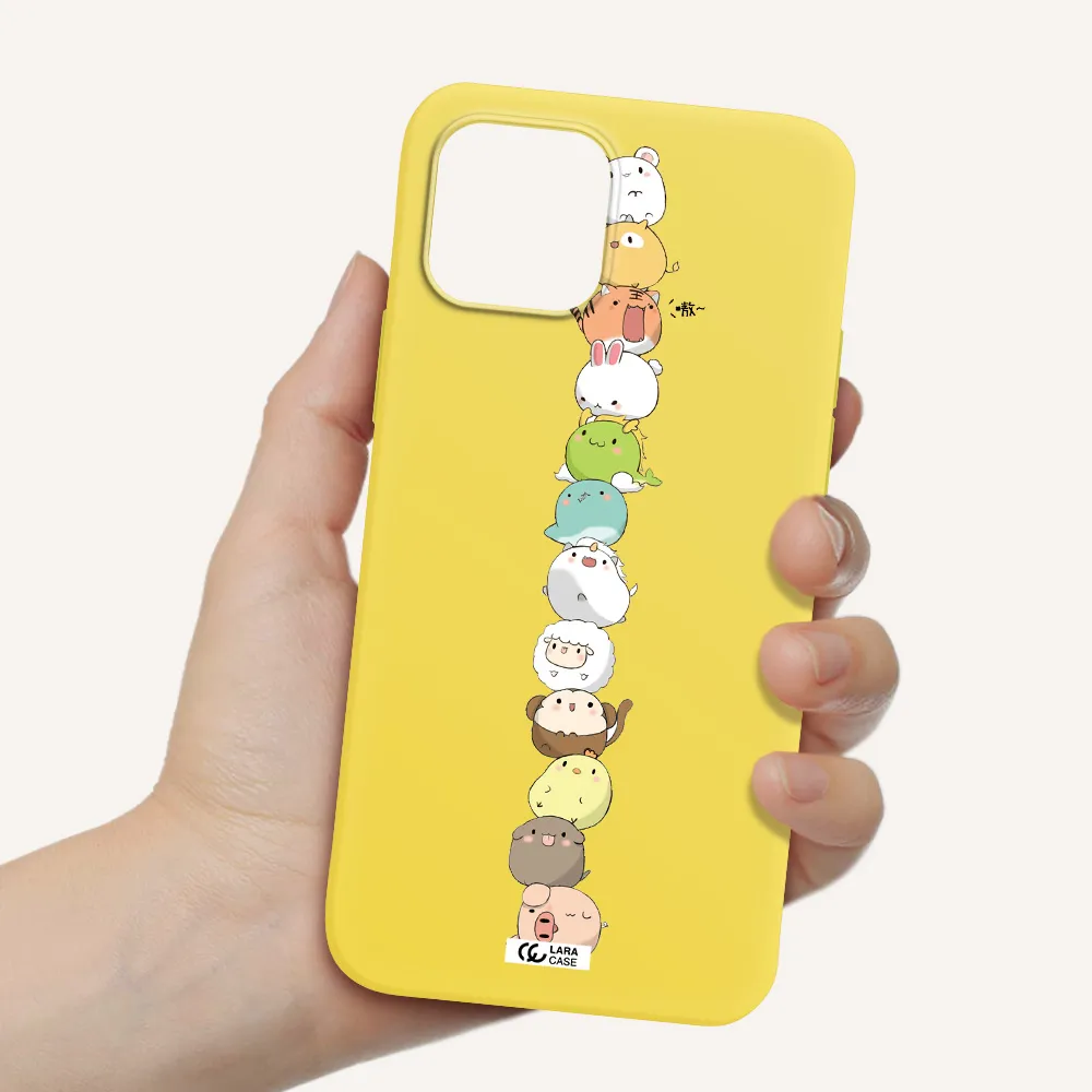 a stack of cartoon animals Apple iPhone 12 Silicone canary yellow Case