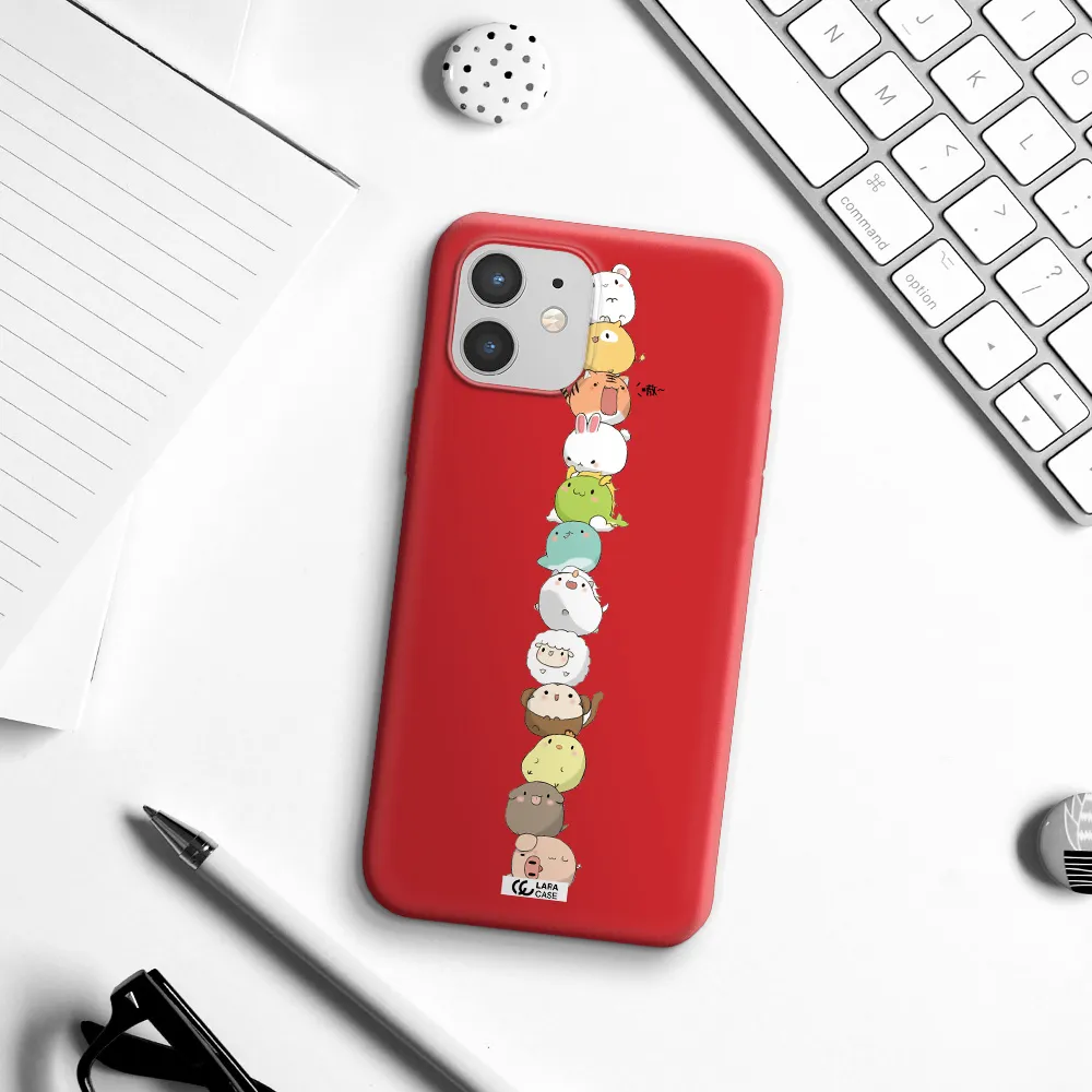 a stack of cartoon animals Apple iPhone 12 Silicone Imperial Red Case