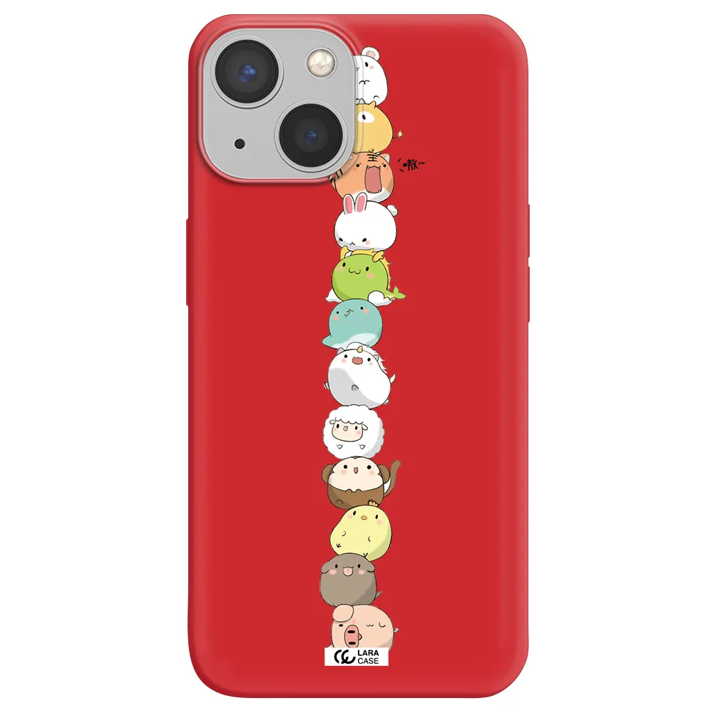 a stack of cartoon animals Apple iPhone 13 mini Silicone Imperial Red Case