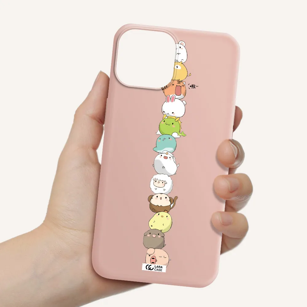 a stack of cartoon animals Apple iPhone 13 mini Silicone pastel pink Case
