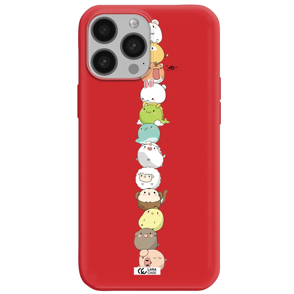 a stack of cartoon animals Apple iPhone 13 Pro Silicone Imperial Red Case