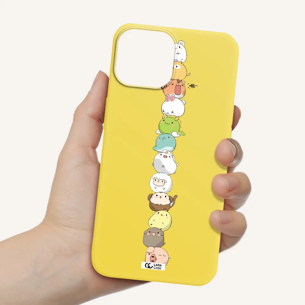 a stack of cartoon animals Apple iPhone 13 Silicone canary yellow Case