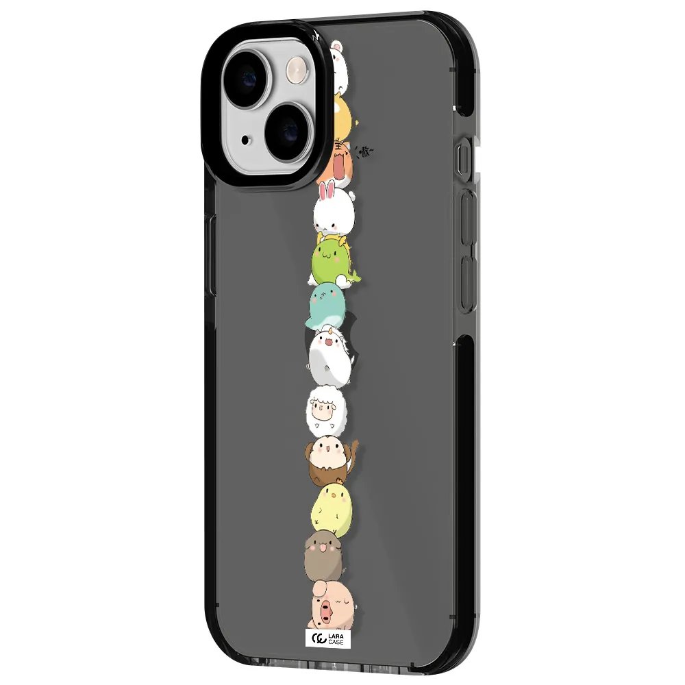 a stack of cartoon animals Apple iPhone 14 impact Smoke Black Case