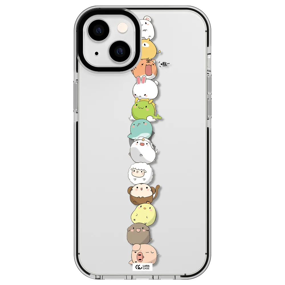 a stack of cartoon animals Apple iPhone 14 plus impact black border Case