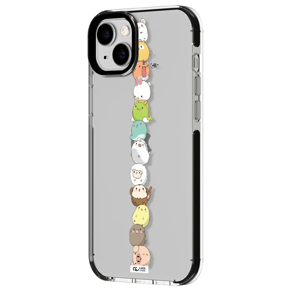 a stack of cartoon animals Apple iPhone 14 plus impact black border Case