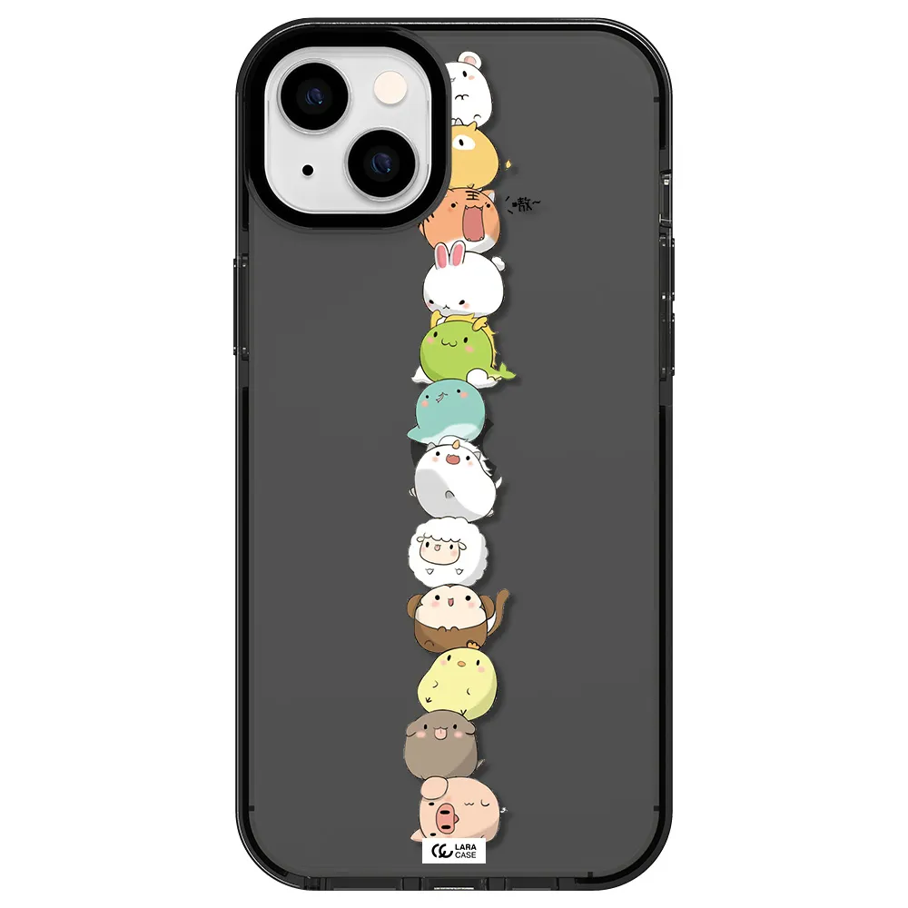 a stack of cartoon animals Apple iPhone 14 plus impact Smoke Black Case