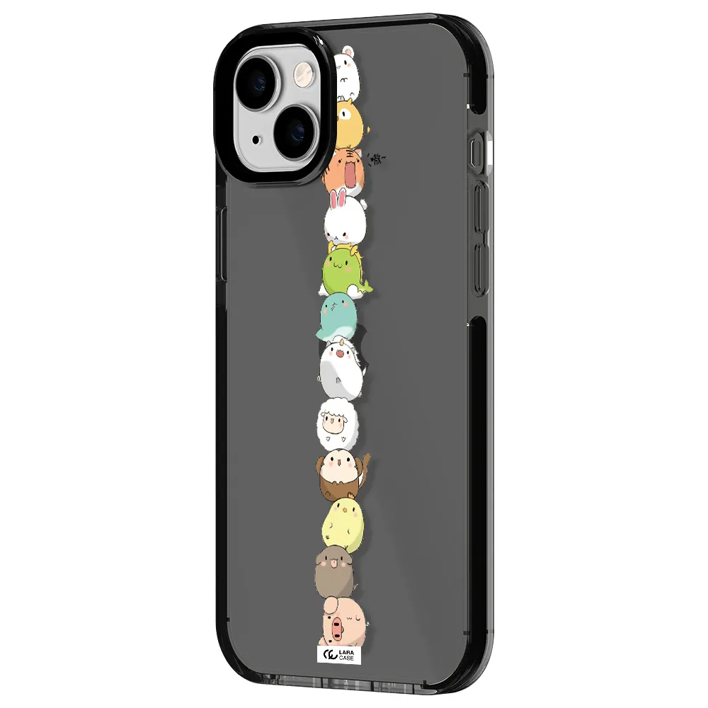 a stack of cartoon animals Apple iPhone 14 plus impact Smoke Black Case