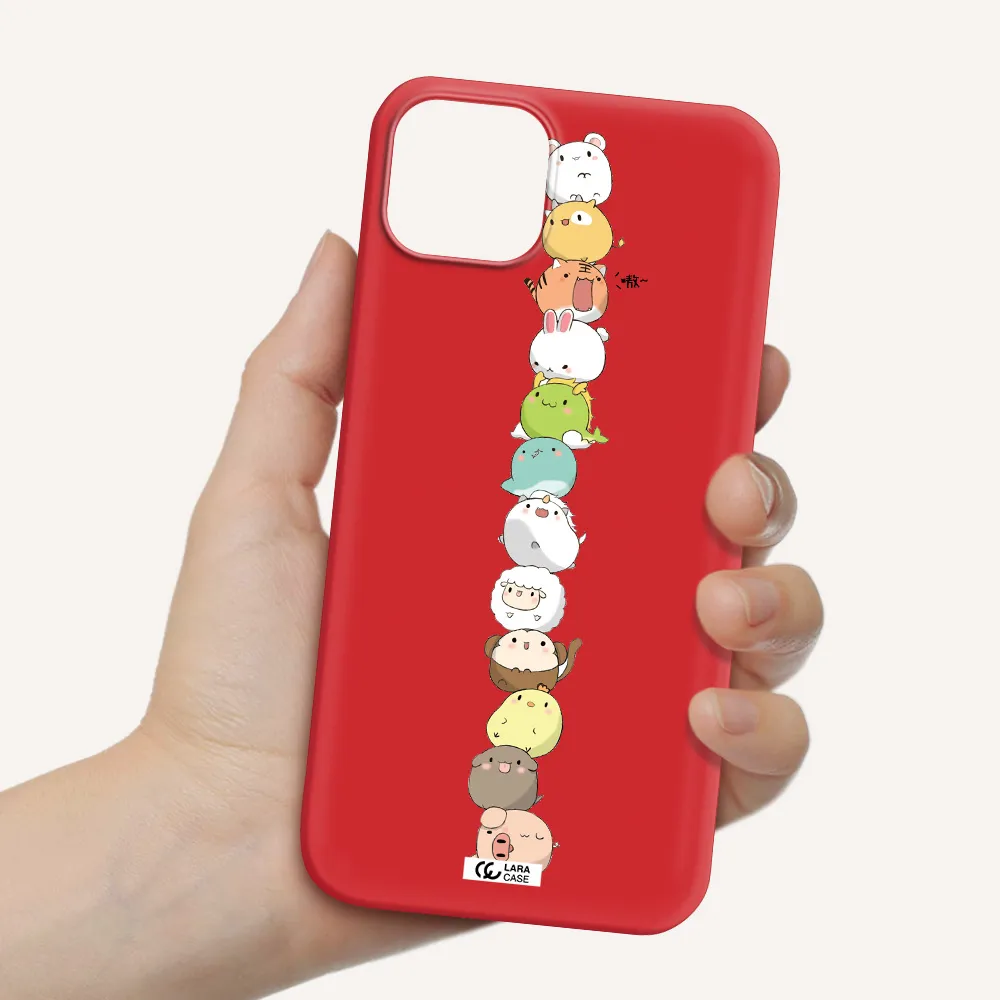 a stack of cartoon animals Apple iPhone 14 plus Silicone Imperial Red Case