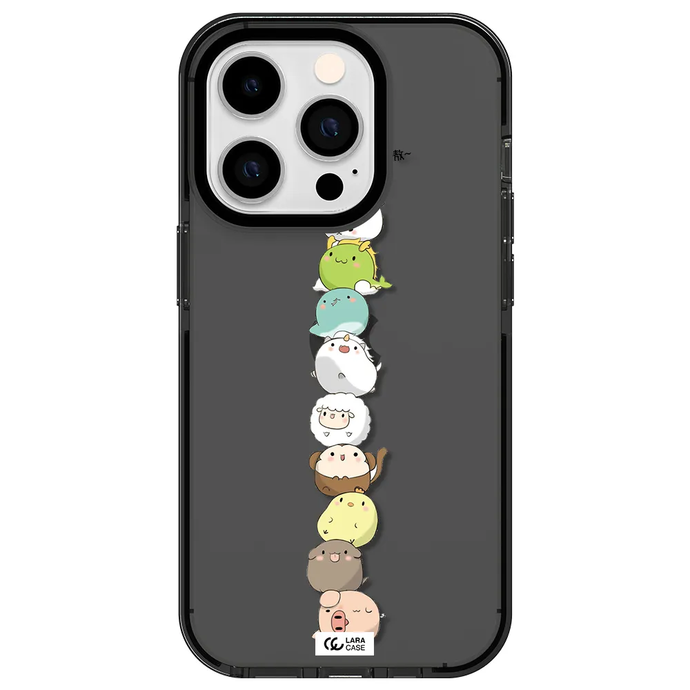 a stack of cartoon animals Apple iPhone 14 pro impact Smoke Black Case