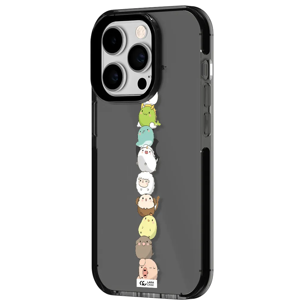 a stack of cartoon animals Apple iPhone 14 pro impact Smoke Black Case