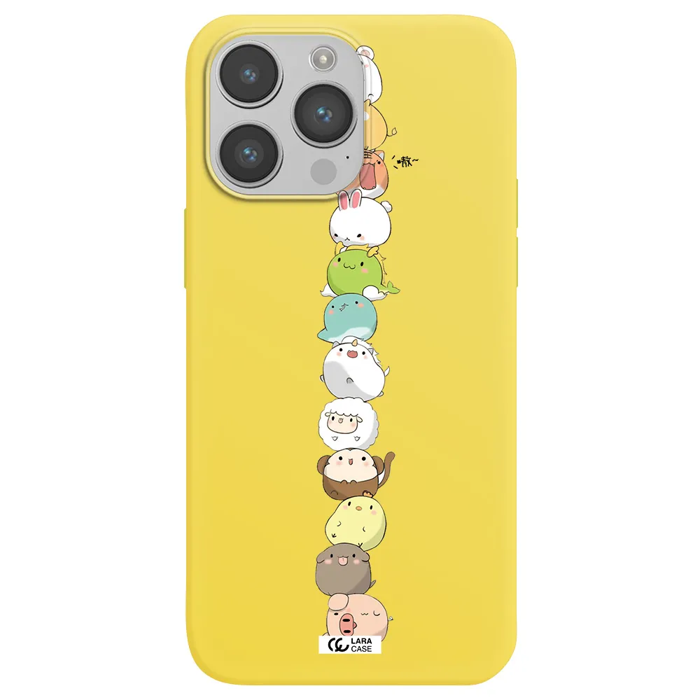 a stack of cartoon animals Apple iPhone 14 pro Silicone canary yellow Case