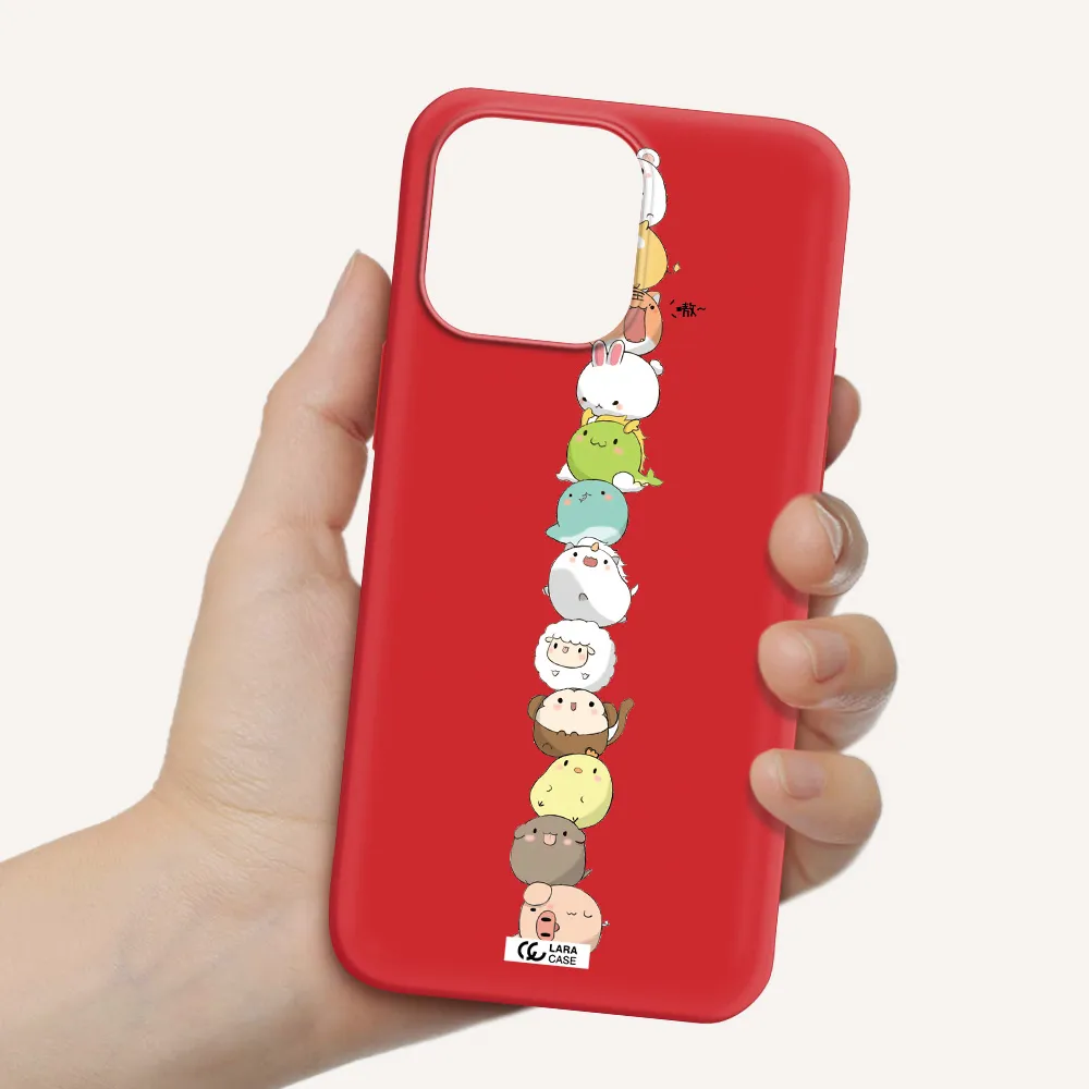 a stack of cartoon animals Apple iPhone 14 pro Silicone Imperial Red Case