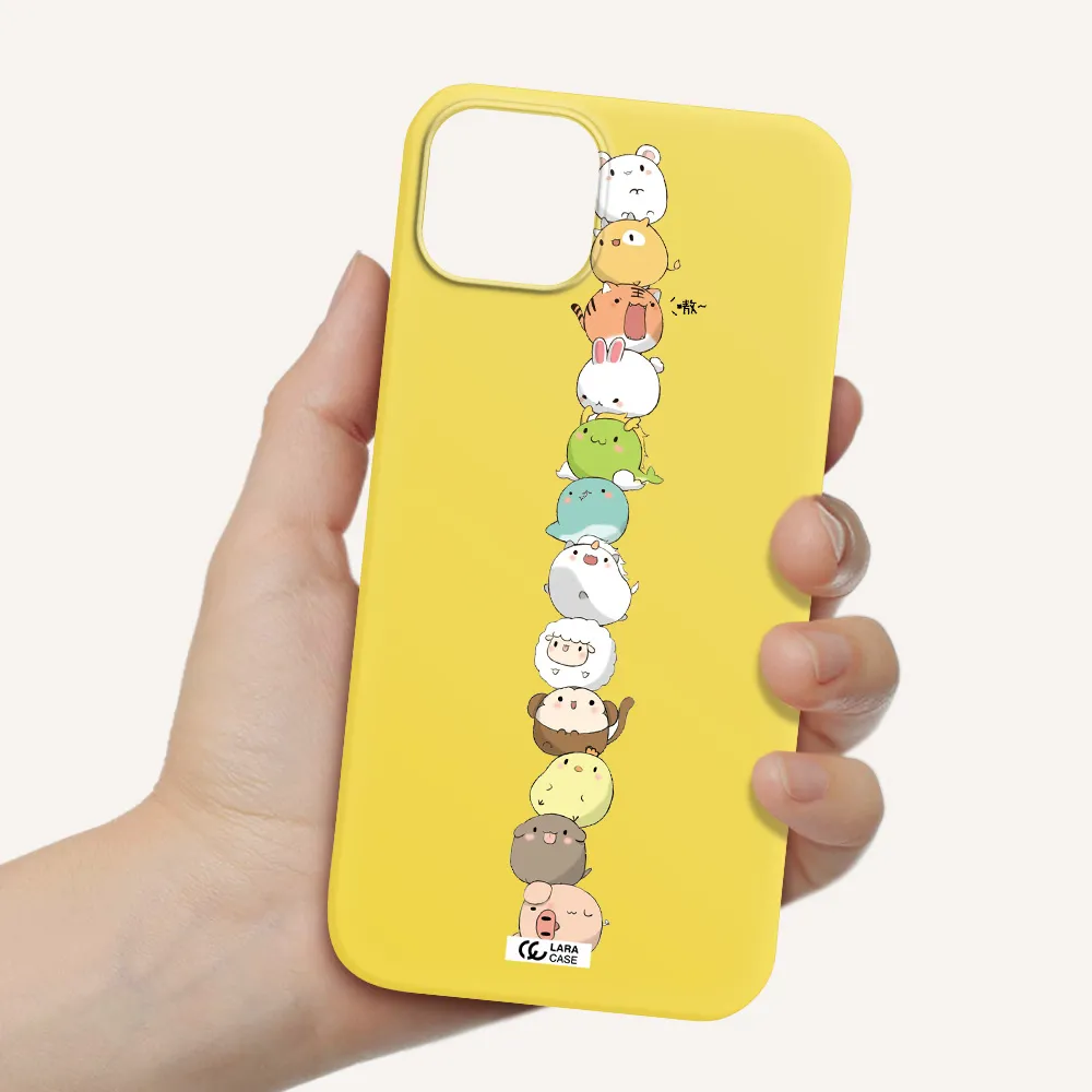 a stack of cartoon animals Apple iPhone 14 Silicone canary yellow Case