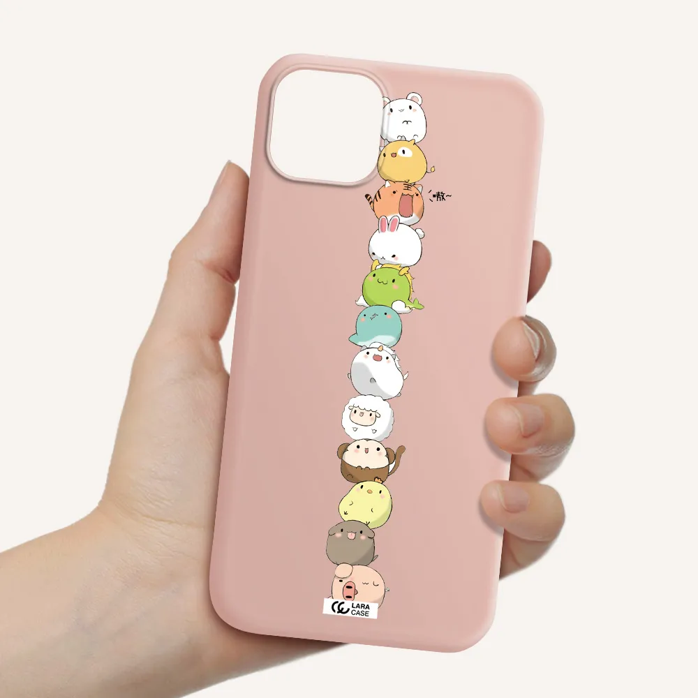a stack of cartoon animals Apple iPhone 14 Silicone pastel pink Case