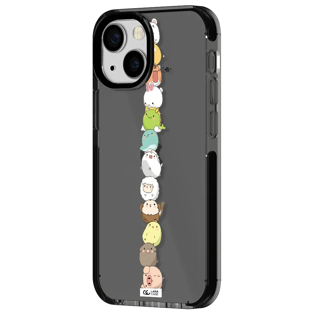 a stack of cartoon animals Apple iPhone 15 impact Smoke Black Case