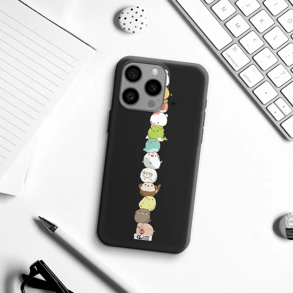 a stack of cartoon animals Apple Iphone 15 Pro max Silicone black Case