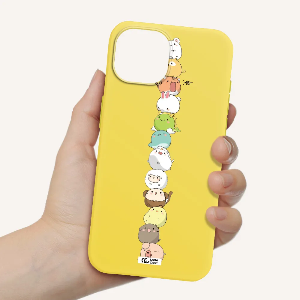 a stack of cartoon animals Apple iPhone 15 Silicone canary yellow Case