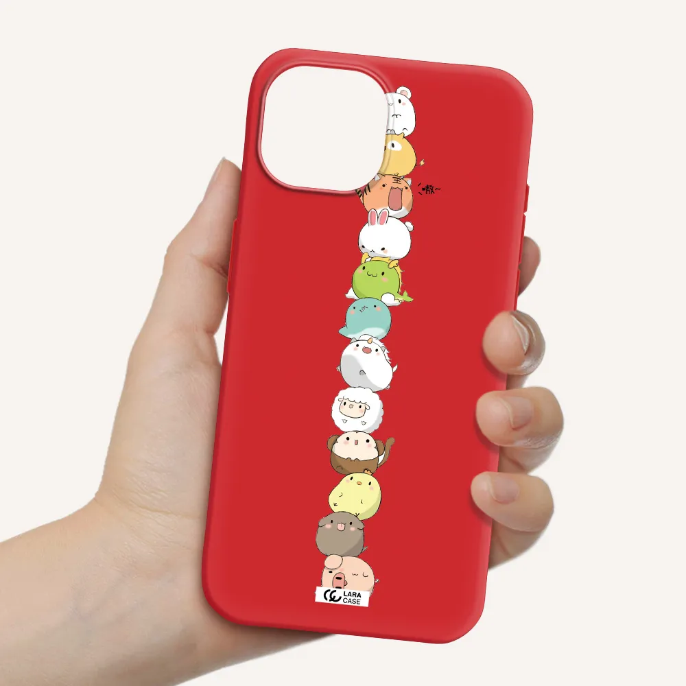 A Stack Of Cartoon Animals Apple Iphone 15 Silicone Imperial Red Case