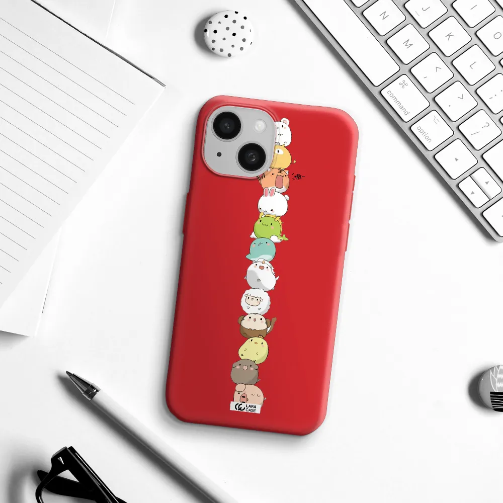 A Stack Of Cartoon Animals Apple Iphone 15 Silicone Imperial Red Case